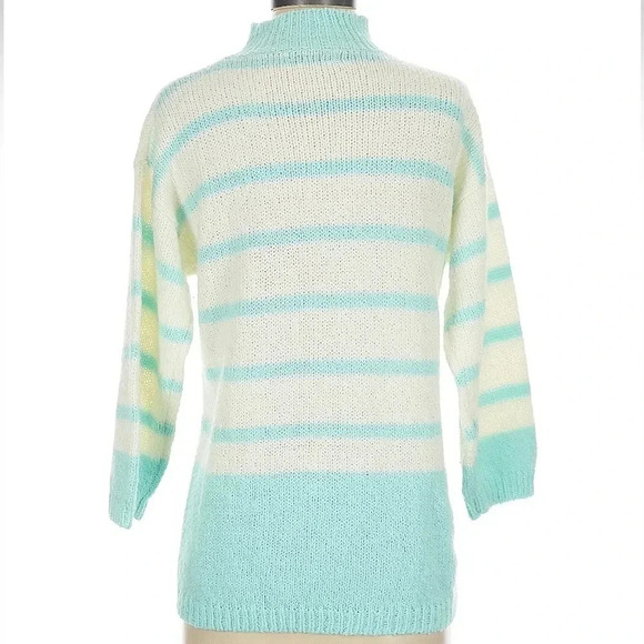 Vintage Diane Von Furstenberg Sweater Mock Neck 80's Aqua & White Size Small S - Picture 2 of 7
